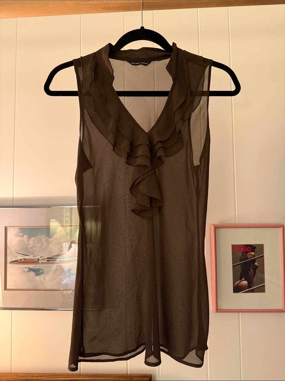 Vintage 90’s Sleeveless Ruffle V-Neck Sheer Top - Brown